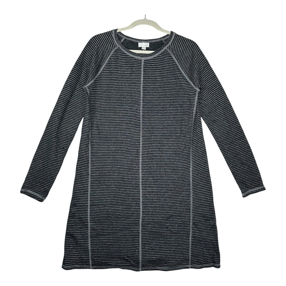 J. Jill Stripe Sweater Dress XS Black Gray Raglan Knit Cabincore Soft Minimalist